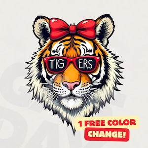 Red Tigers mascot png | Coquette Tigers png | Tigers school spirit png l Tigers Shirt PNG | Tigers hair bow glasses download