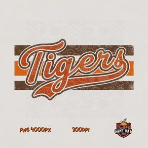 May include: A graphic design featuring the word Tigers in a stylized orange script font with a white outline. The text is layered over three horizontal stripes in brown and orange, decorated with a subtle cloud pattern. Includes the text PNG 4000Px 300DPI.