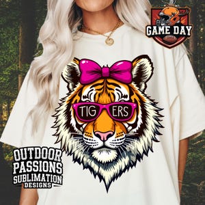 Pink Tigers mascot png | Coquette Tigers png | Tigers school spirit png l Tigers Shirt PNG | Tigers hair bow glasses download
