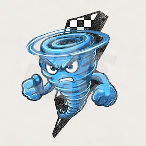 Peut inclure: Illustration de dessin animé d'une tornade bleue avec une expression de colère, des poings serrés et un drapeau à damier. La tornade a un design tourbillonnant sur fond clair.