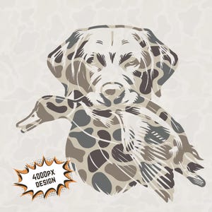 Perro de camuflaje con pato para cazar, sublimación de imágenes de camuflaje para niños, imágenes de camuflaje para cazar patos, archivo de impresión de imagen de labrador retriever para niños, hombres y mujeres
