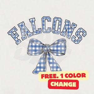 Blue Falcons Spirit Bow PNG, Camisa Coquette Bow Falcons PNG, Design xadrez Gingham Falcons, Mascote Falcons PNG, Download instantâneo
