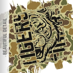 May include: A black and white tiger head graphic with the word "Tiger" written vertically in black on a camouflage background.