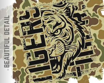 May include: A black and white tiger head graphic with the word "Tiger" written vertically in black on a camouflage background.