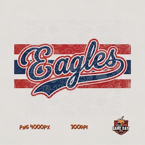 May include: A digital graphic design featuring the word Eagles in a dark blue script font with a red outline. The text is layered over horizontal red and blue stripes with a subtle cloud pattern. Text at the bottom reads PNG 4000PX 300DPI.