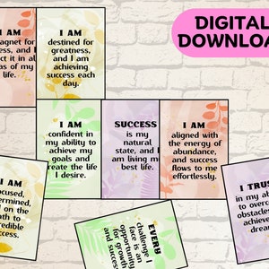 May include: A set of 10 affirmation cards with floral designs and inspirational messages. The cards feature phrases like "I am a magnet for success" and "Success is my natural state".
