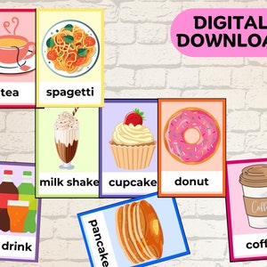88 Flashcards de alimentos e bebidas Cartões educativos para crianças Vocabulário culinário Recursos de ensino doméstico