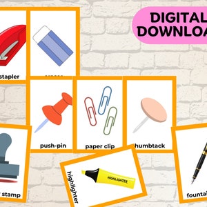 Conjunto de 32 flashcards de papelaria e material de escritório - Cartões educativos para crianças - Vocabulário de espaço de trabalho - Recursos de ensino em casa