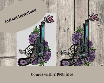 Arte de revólver con rosas moradas: descarga digital de pistola romántica