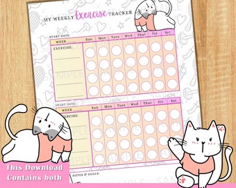 Cat Lover's Exercise Tracker with Stickers Digital Download PDF Printable 8.5"x11" & A4 - Weight Loss Food Fitness Journal Planner Pages