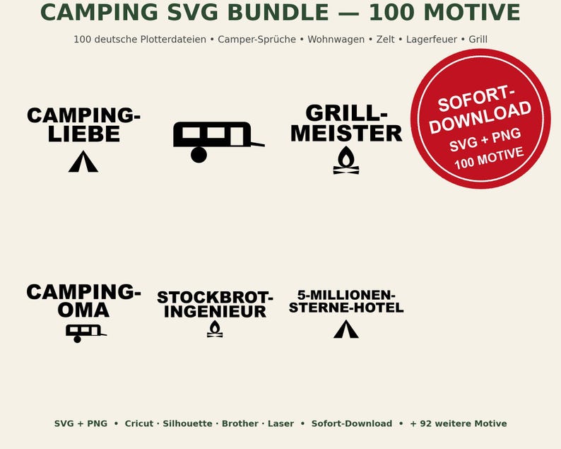 Camping SVG Bundle German • 100 Plotter Files Camper Sayings • Caravan Tent Campfire • Cricut Silhouette • Vanlife Grill Gift image 2