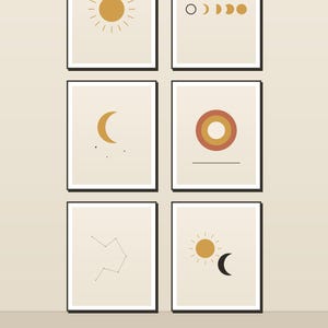 Celestial Wall Art Set of 6 Prints | Sun and Moon Printable Art | Boho Mystical Gallery Wall | Moon Phases Stars | Digital Download