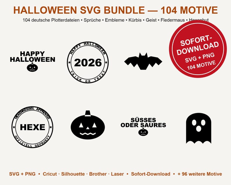 Halloween SVG Bundle German • 104 Halloween Sayings Plotter Files • Pumpkin, Ghost, Bat, Witch's Hat • Cricut Silhouette • Download image 2