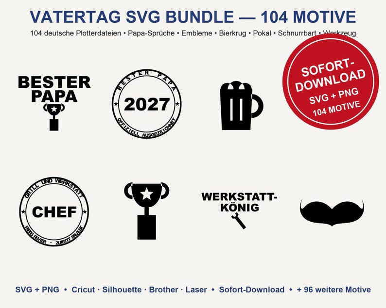 Pacchetto SVG per la Festa del Papà in tedesco • 104 file per plotter con frasi per papà • Trofeo/boccale da birra "Miglior Papà" • Strumento per Cricut e Silhouette • Scarica immagine 2