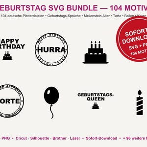 Paquete de archivos SVG de cumpleaños en alemán • 104 archivos para plotter con frases de cumpleaños • Globo para pastel de hitos • Cricut Silhouette • Descargar imagen 2