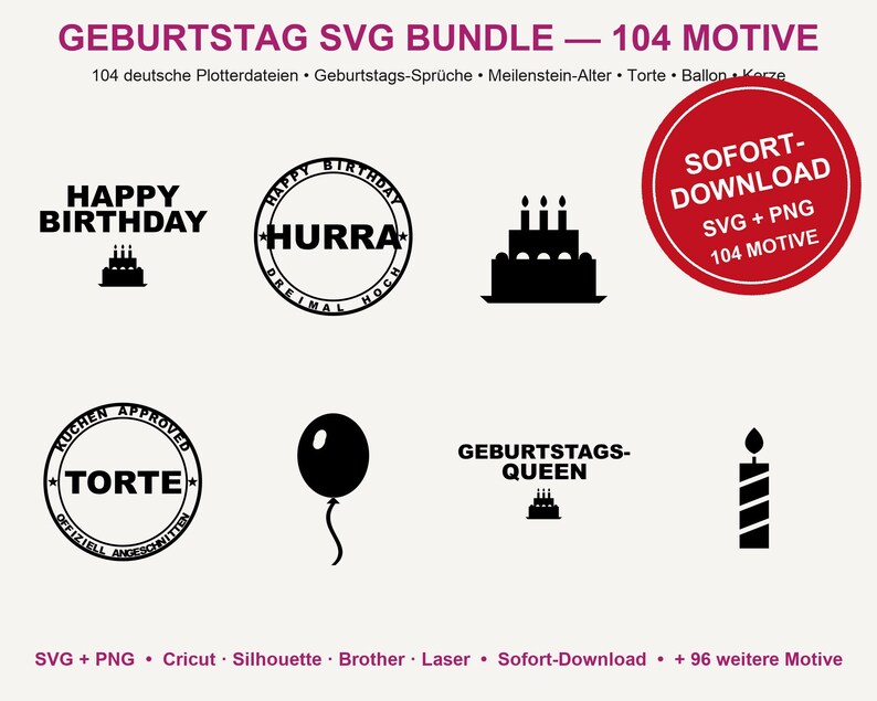 Paquete de archivos SVG de cumpleaños en alemán • 104 archivos para plotter con frases de cumpleaños • Globo para pastel de hitos • Cricut Silhouette • Descargar imagen 2