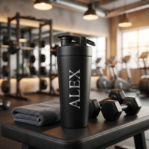 Personalized black gym shaker with laser engraving • Name or saying in silver • Gift for athletes, fitness coaches • Protein shaker image 1