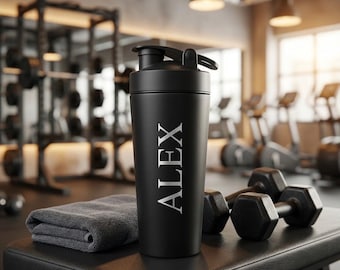 Personalisierter Gym Shaker Schwarz mit Lasergravur • Name oder Spruch in Silber • Geschenk für Sportler Fitness Coach • Protein Shaker