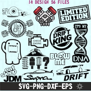 May include: A set of 14 black and white digital design files for car enthusiasts. The designs include a car engine, a drift king logo, a DNA strand, a car with the word "Drift" on it, and a Supra car with the word "Supra" on it. The text "14 Design 56 Files" and "Limited Edition" are also included in the design set.