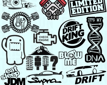May include: A set of 14 black and white digital design files for car enthusiasts. The designs include a car engine, a drift king logo, a DNA strand, a car with the word "Drift" on it, and a Supra car with the word "Supra" on it. The text "14 Design 56 Files" and "Limited Edition" are also included in the design set.