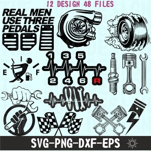May include: A set of 12 black and white car-themed SVG designs. The designs include a turbocharger, a car tire, a gear shifter, a spark plug, a piston, a wrench, a checkered flag, and a crossed piston design. The text "REAL MEN USE THREE PEDALS" is also included.