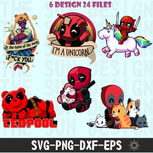 May include: Six digital designs featuring a red and black superhero character in various poses. The designs include the character holding a unicorn, riding a unicorn, holding a gun, and wearing a bear costume. The text "I'm a Unicorn" and "F*ck You" are included in the designs.