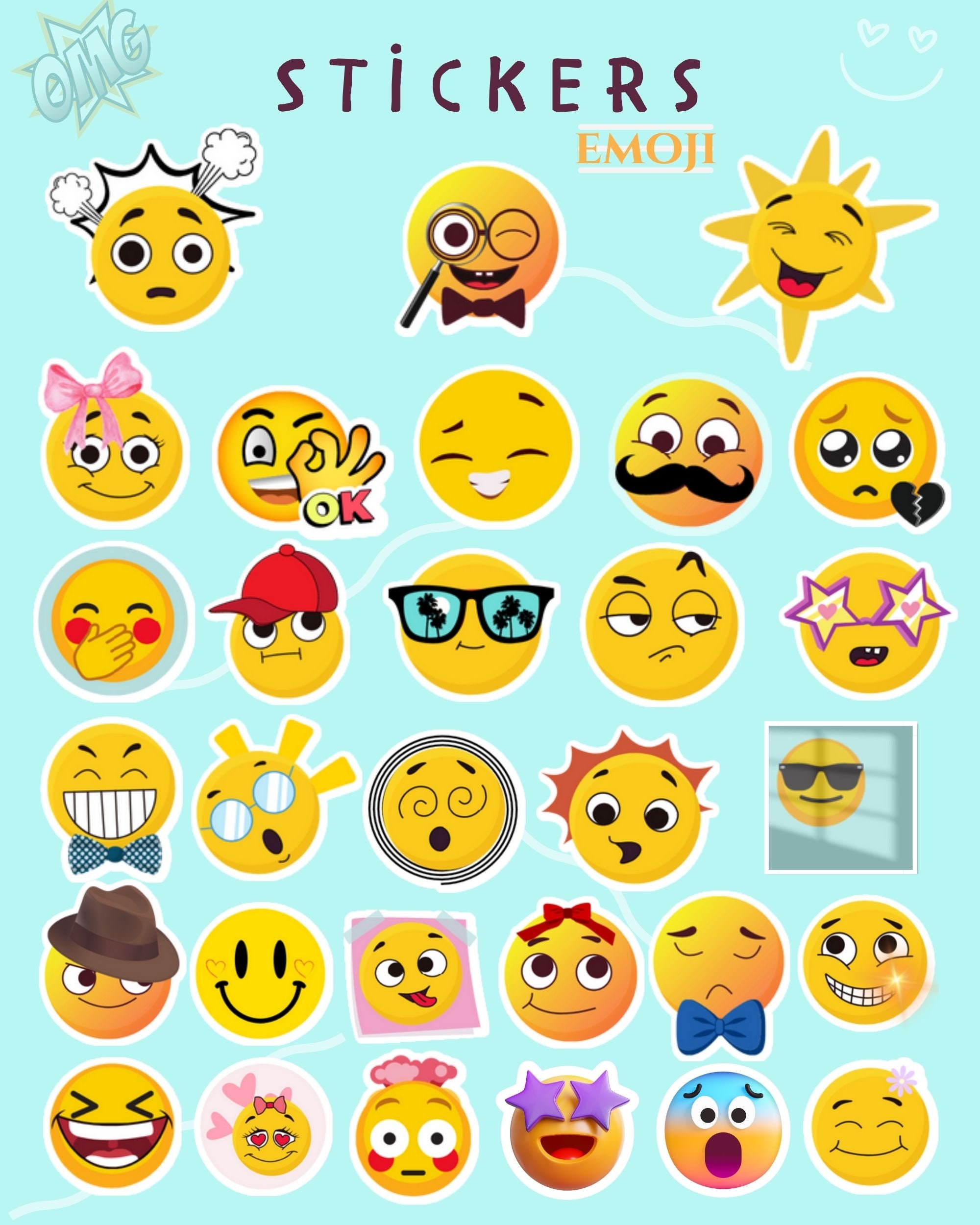 Emoji Stickers Sheet Emoji Printable Stickers Digital Printable 