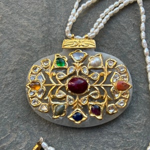Diamond Polki Navratan Necklace 22kt gold with Pearls On Moonstone pendant Mughal Jewelry Sabyasachi Inspired