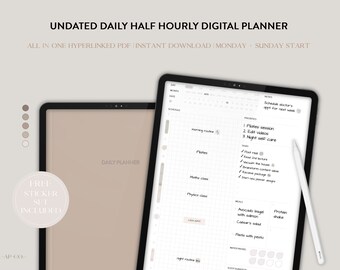 Planejador diário digital sem data para iPad | Meia hora | Modo Portait | GoodNotes e notabilidade | Minimalista e Simples | Segunda + Domingo Início
