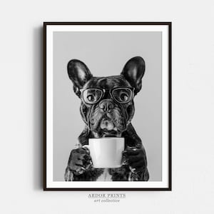 Decorazione da parete con bulldog francese che beve caffè, stampa in bianco e nero, stampa per amanti del caffè, regalo francese, poster con cane divertente, decorazione da parete per cucina
