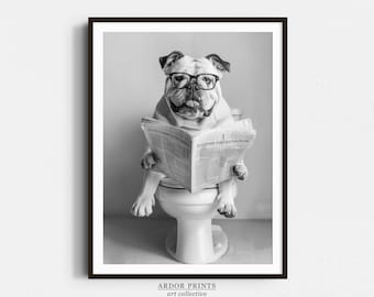 Bulldog Bathroom Wall Art: Funny Dog on Toilet Print, English Bulldog Reading Newspaper Poster, Black & White Pet Decor