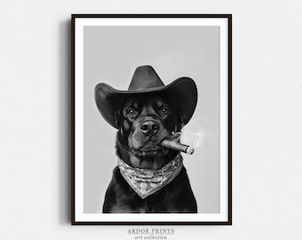Rottweiler Cowboy Print: Western Dog Art, Vintage Dog Poster, Trendy Retro Decor - Black and White Wall Art