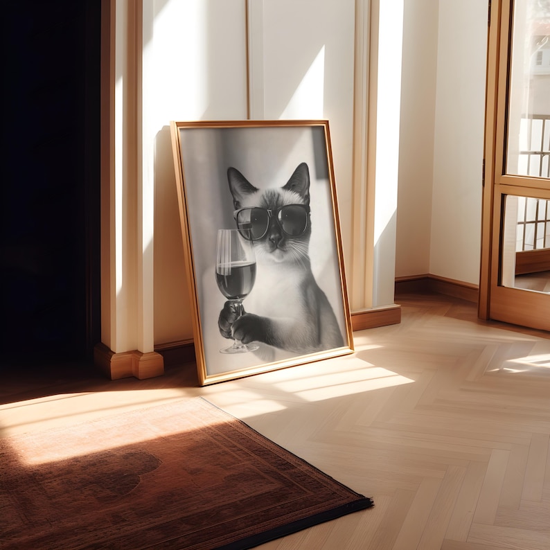 Siamese Cat Drinking Wine Wall Art, Black and White Print, Bar Cart