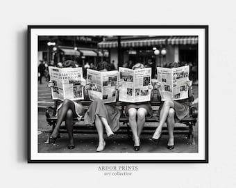 Women Reading Newspaper Print: Retro Chic Fashion Wall Art - Trendy Black & White Photography Wall Decor
