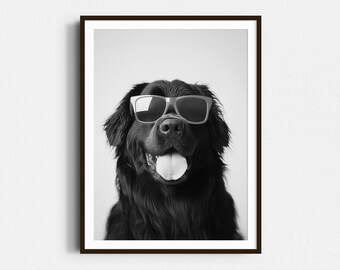Impressão artística de cão da Terra Nova com óculos de sol: pôster engraçado de cão (download digital)