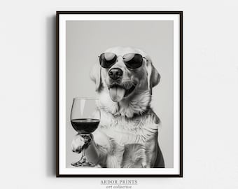 Labrador Red Wine Wall Art: Funny Bar Cart Decor, Dog Poster -Black and White Print