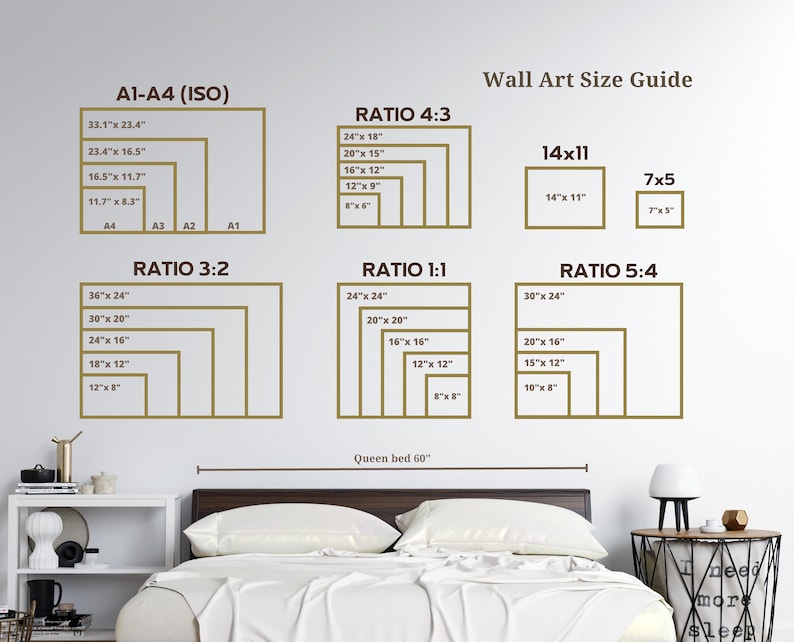 Peut inclure: Un guide de tailles d'art mural avec diff&eacute;rents ratios et tailles pour l'art mural. Le guide indique les dimensions de chaque taille en pouces. Le guide comprend &eacute;galement un lit queen-size pour r&eacute;f&eacute;rence.
