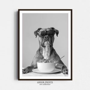 Boxer comendo macarrão, arte de parede, impressão de espaguete, impressão em preto e branco, impressão de comida, presente para cachorro, pôster engraçado de cachorro, decoração de parede de cozinha