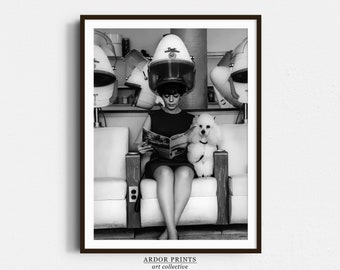 Woman with Poodle Beauty Salon Wall Art: Vintage Hair Salon Decor, Funny Retro Poster, Black & White Print