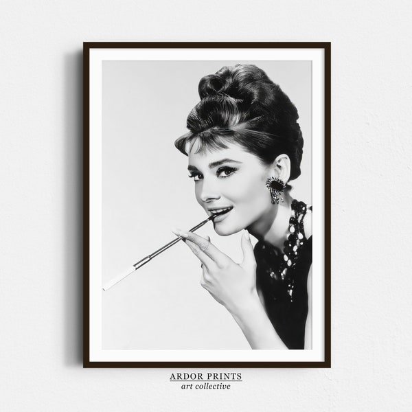 Audrey Hepburn Smoking Wall Art, Black and White Print, Vintage Fashion Photo, Old Hollywood Art, Feminist Poster, Retro Fashion Wall Decor