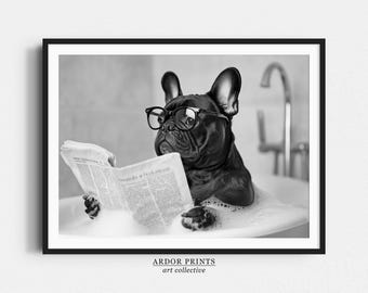 Black Frenchie in Bathtub Print: Dog Reading Newspaper Poster, Funny French Bulldog Bathroom Decor - Black & White Wall Art