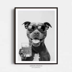 Staffy Drinking Whiskey Wall Art, Bourbon Glass, Staffordshire Bull Terrier, Black and White Print, Dog Gift, Bar Cart Print, Kitchen Decor