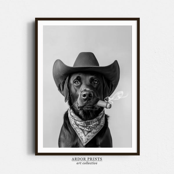 Svart Labrador Cowboy-tryck: Western hundkonst, Vintage labradorhundposter, Trendig Retro-dekor - Svartvit väggkonst