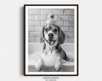 Arte mural de Beagle para baño: Póster de perro en la bañera, arte divertido de perro, decoración de pared para baño - Impresión en blanco y negro