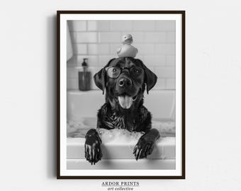 Black Labrador Bathroom Wall Art: Funny Dog in Bathtub Print, Lab Poster, Black & White Bathroom Decor