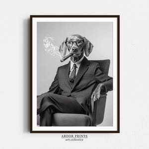 Vizsla Smoking Wall Art, Czarno-biały nadruk, Wydruk Vizsla, Humor Art, Plakat Vintage Dog, Sztuka dla zwierząt, Plakat Man Cave, Dekoracja ścienna biura