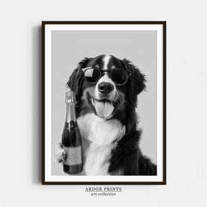 シャンパンを持つバーニーズ・マウンテン・ドッグのウォールアート、白黒プリント、犬のギフト、ペットアート、アルコールプリント、面白い犬のポスター、ホームバーの装飾