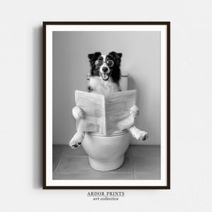 Op de afbeelding: Zwart-wit ingelijste print met een Border Collie met een bril die op een toilet zit en een krant leest. De print heeft de tekst "ARDOR PRINTS art collective" onderaan.