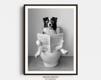 Peut inclure: Impression en noir et blanc encadrée d'un chien Border Collie portant des lunettes et assis sur des toilettes, lisant un journal. Le texte "ARDOR PRINTS art collective" est en bas de l'image.
