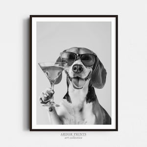 Beagle houdt een cocktail vast muurkunst, zwart-wit print, beagle cadeau, martinialcohol print, grappige hond poster, barwagen decor